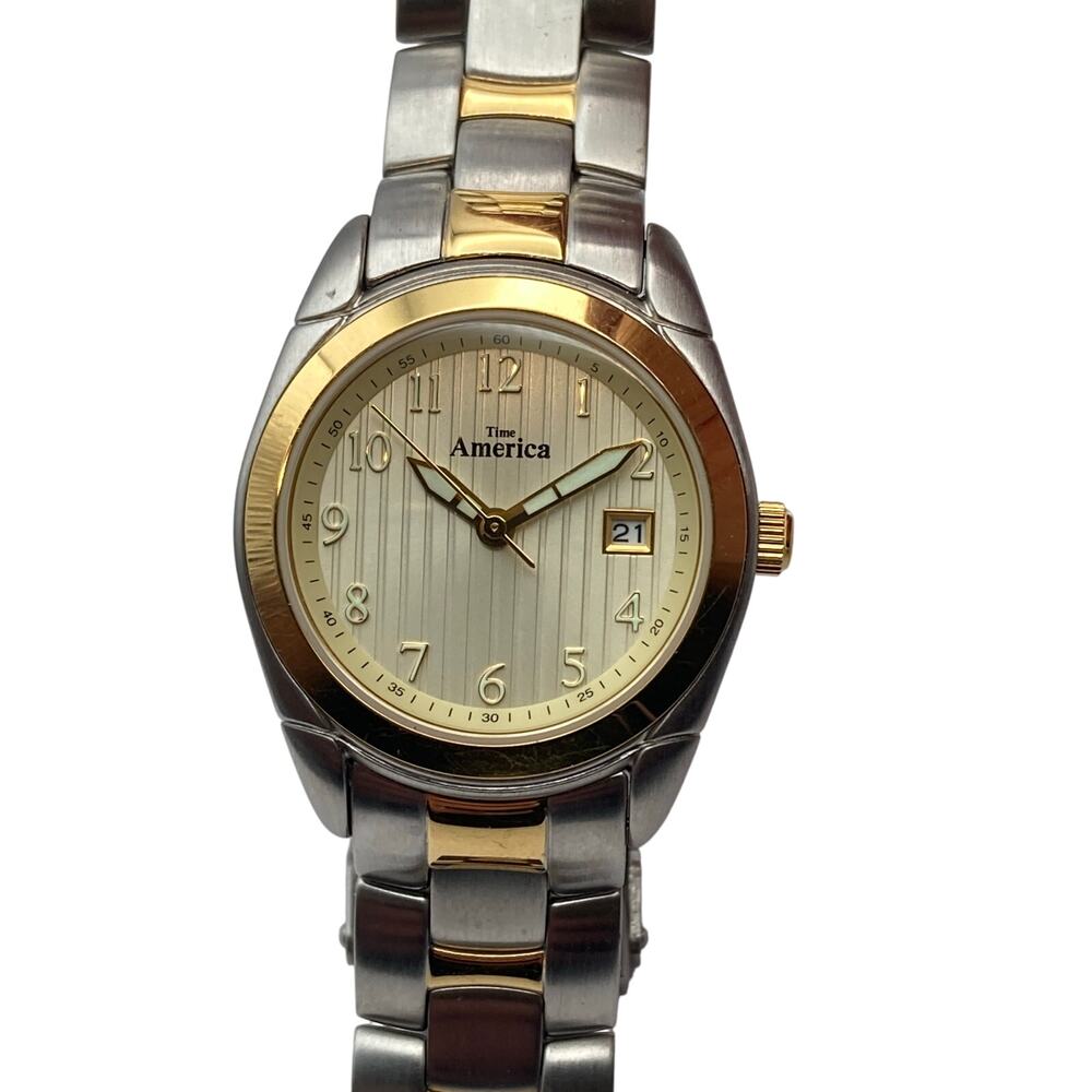 Time America Womens Mens Watch 28mm New Battery Wrist Size 6 Gold Silver Tones